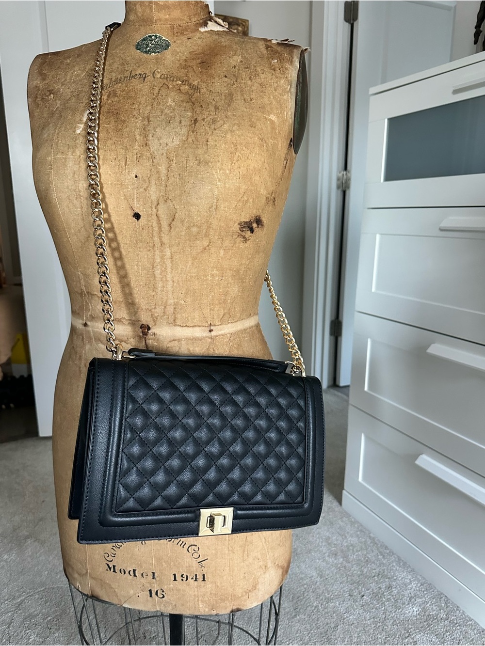 INC International Concepts Black Quilted Shoulder Bag with Gold Chain